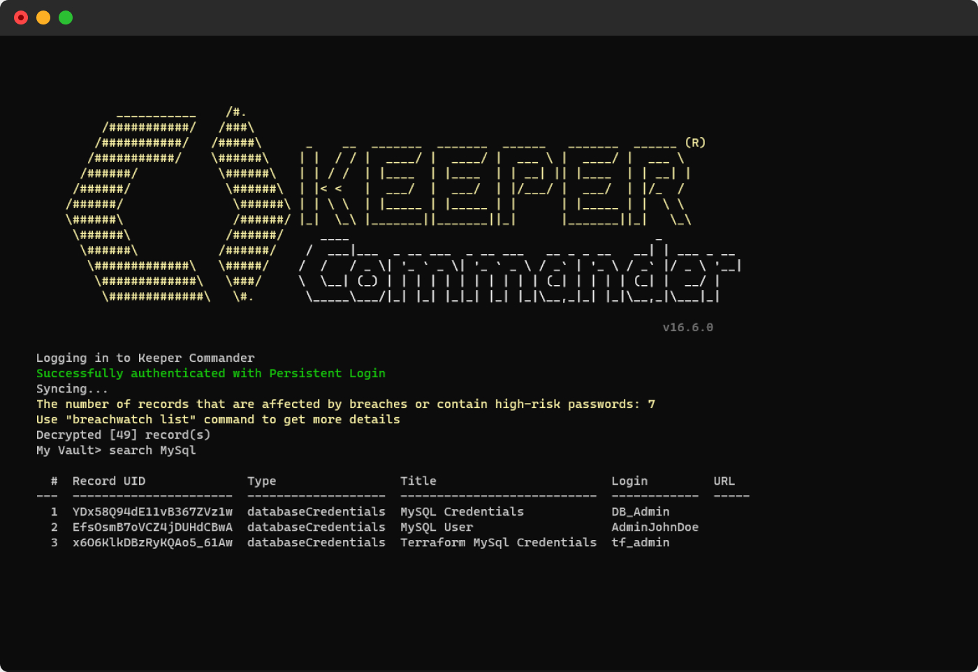 Keeper command-line screen Keeper command-line screen