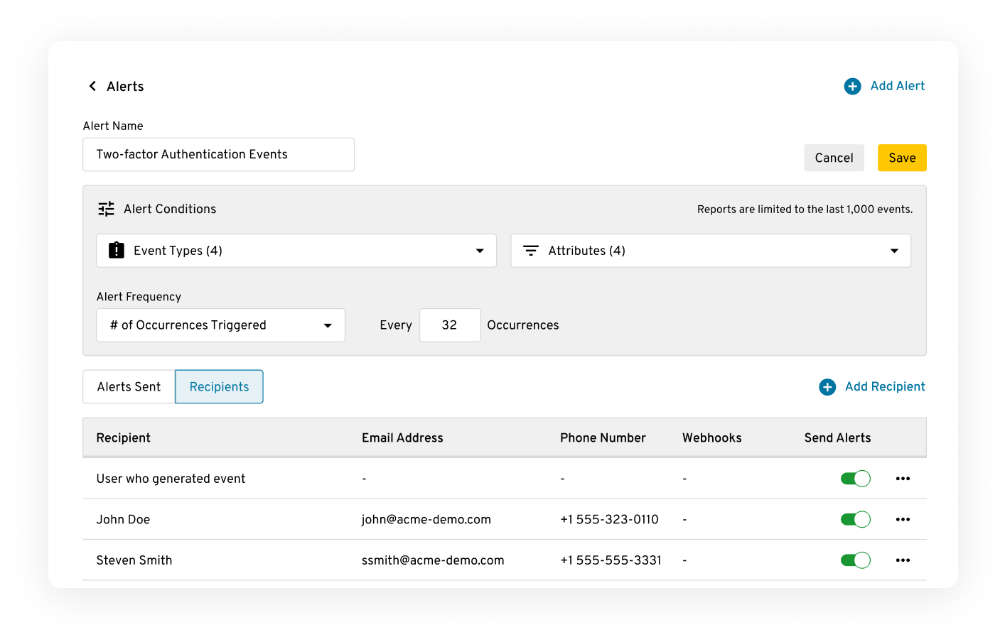 Screenshot showing alert settings and options.