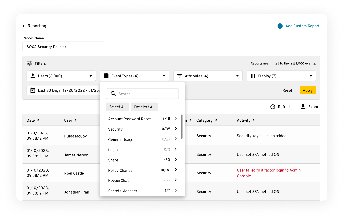 Screenshot showing filter options for reports within Keeper’s Advanced Reporting and Alerts Module.